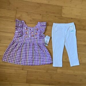 NWT Girls Size 5 Outfit- Purple Gingham Floral Top & White Capri Leggings Set